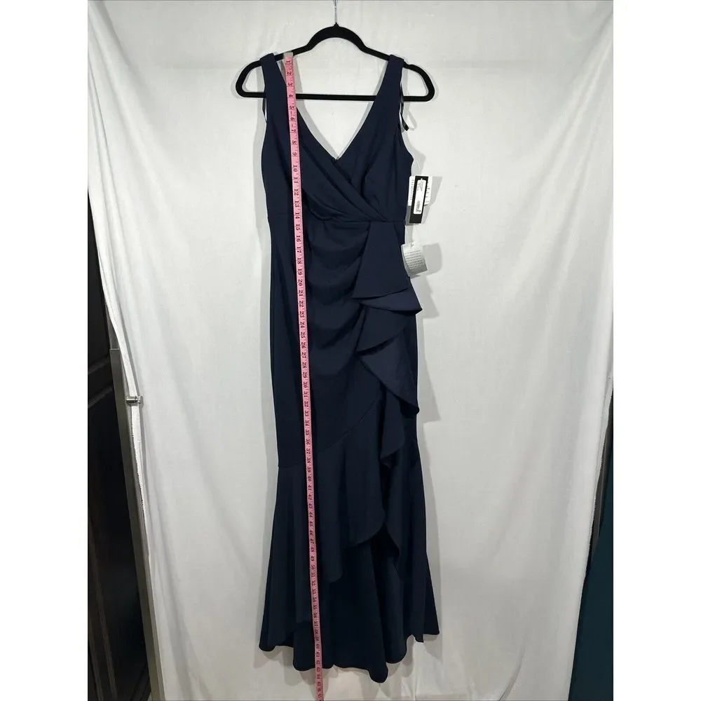 NWT $249 Betsy & Adam [ 6‎ ] V Neck Ruffled High-Low Gown Navy Blue